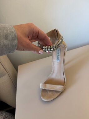 Steve Madden Blush Beige Velvet Ankle-Strap Heels with Crystal Accent